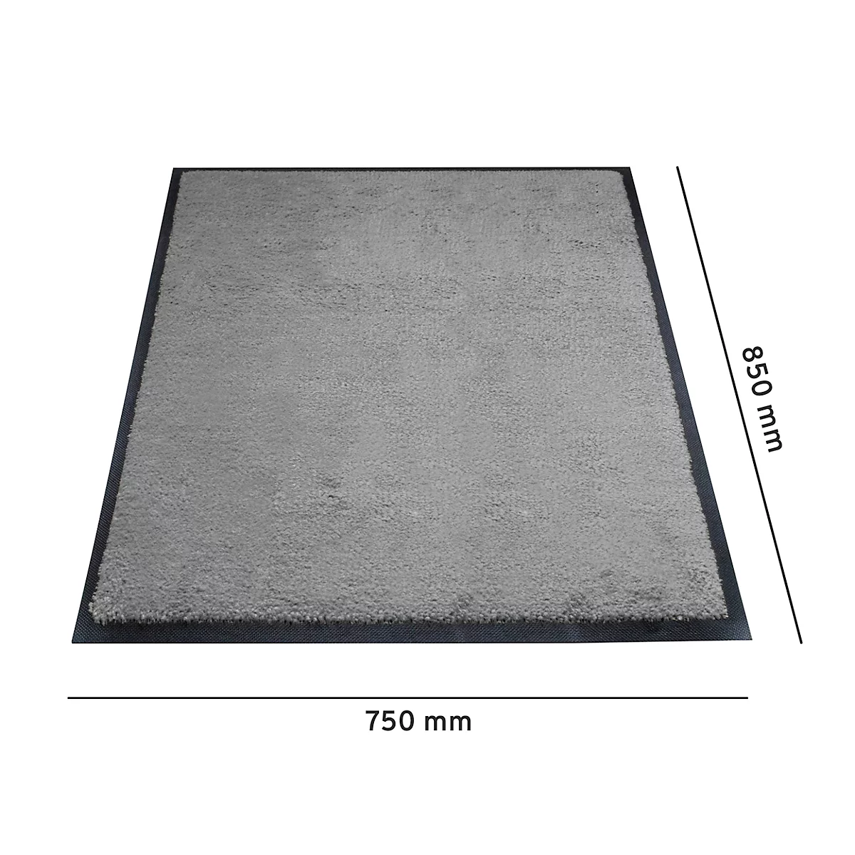 Tapis gris rectangulaire avec bordure noire. Dimensions : 750 x 850 mm.
