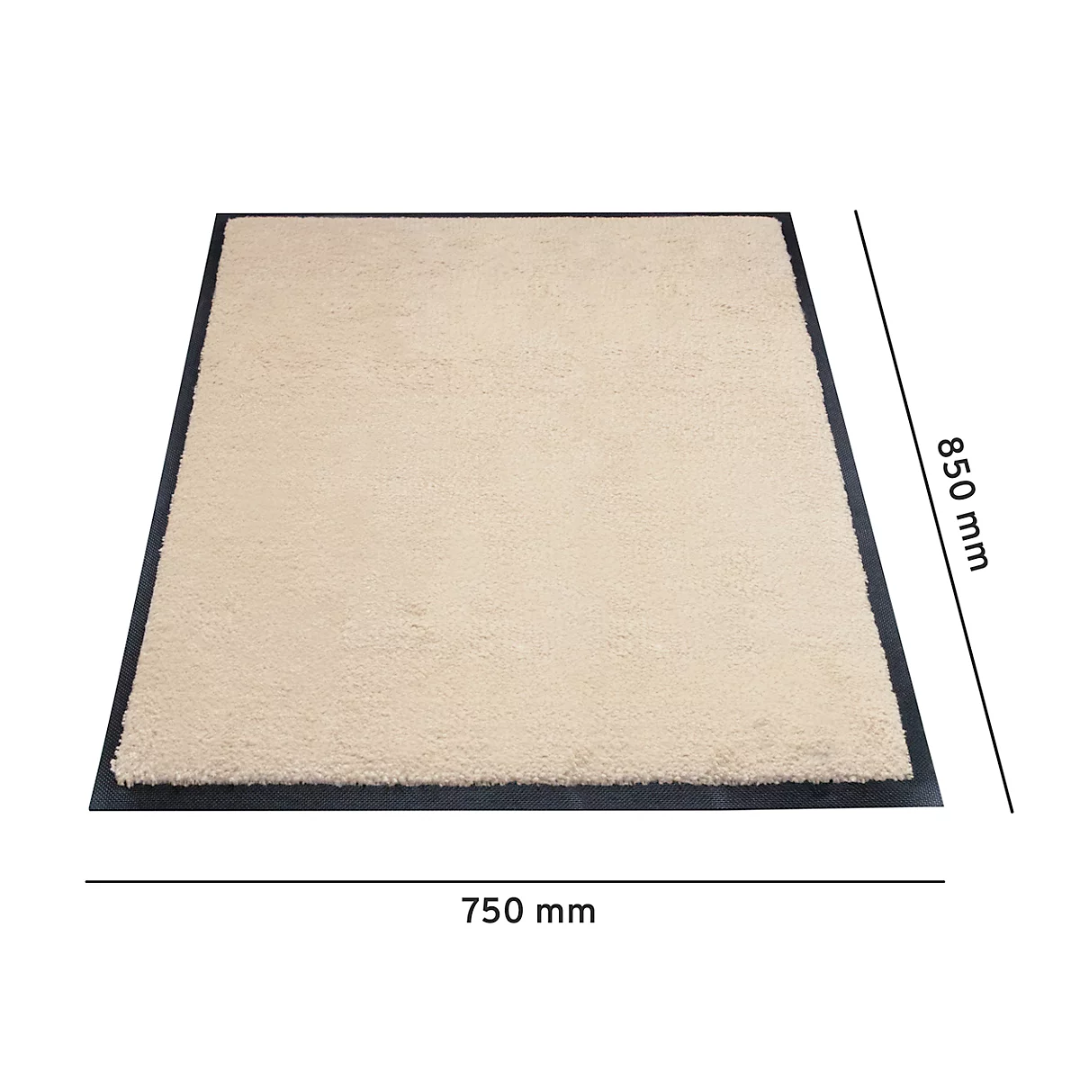 Tapis beige, 750 x 850 mm, avec bord noir. Les dimensions sont indiquées par des lignes.
