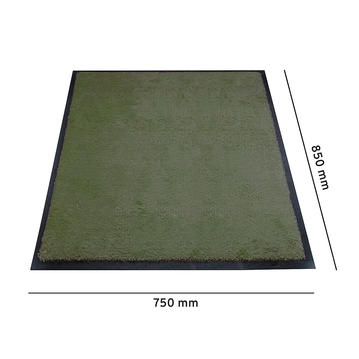 Tapis de golf rectangulaire avec surface verte et bord noir. Dimensions : 750 x 850 mm.