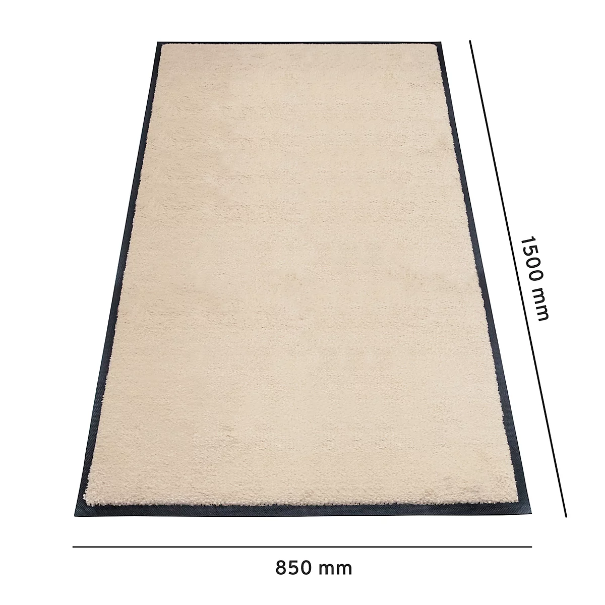 Tapis beige avec bordure noire. Dimensions : 850 x 1500 mm. Vue en perspective.