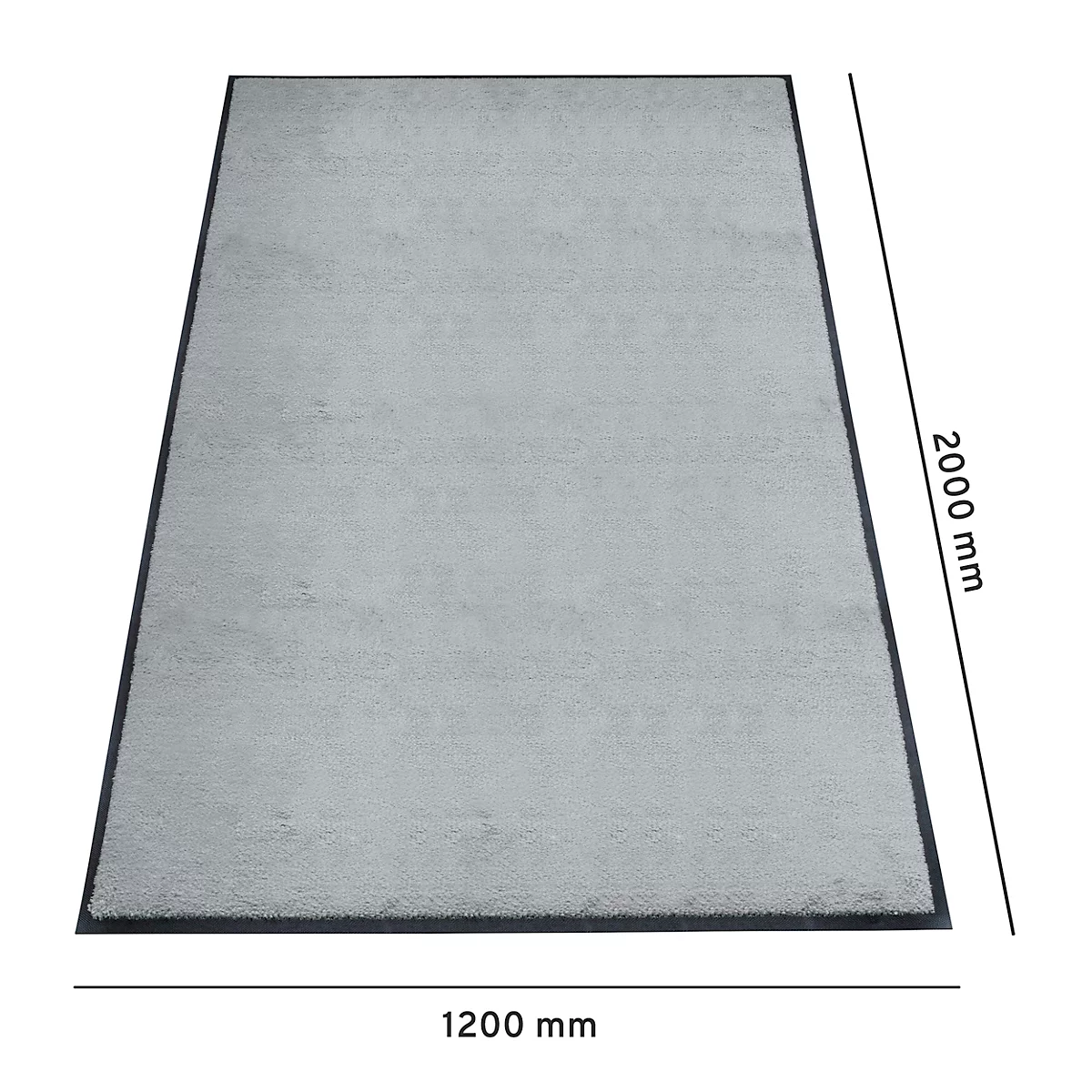 Tapis gris clair avec bordure noire. Dimensions : 2000 x 1200 mm.