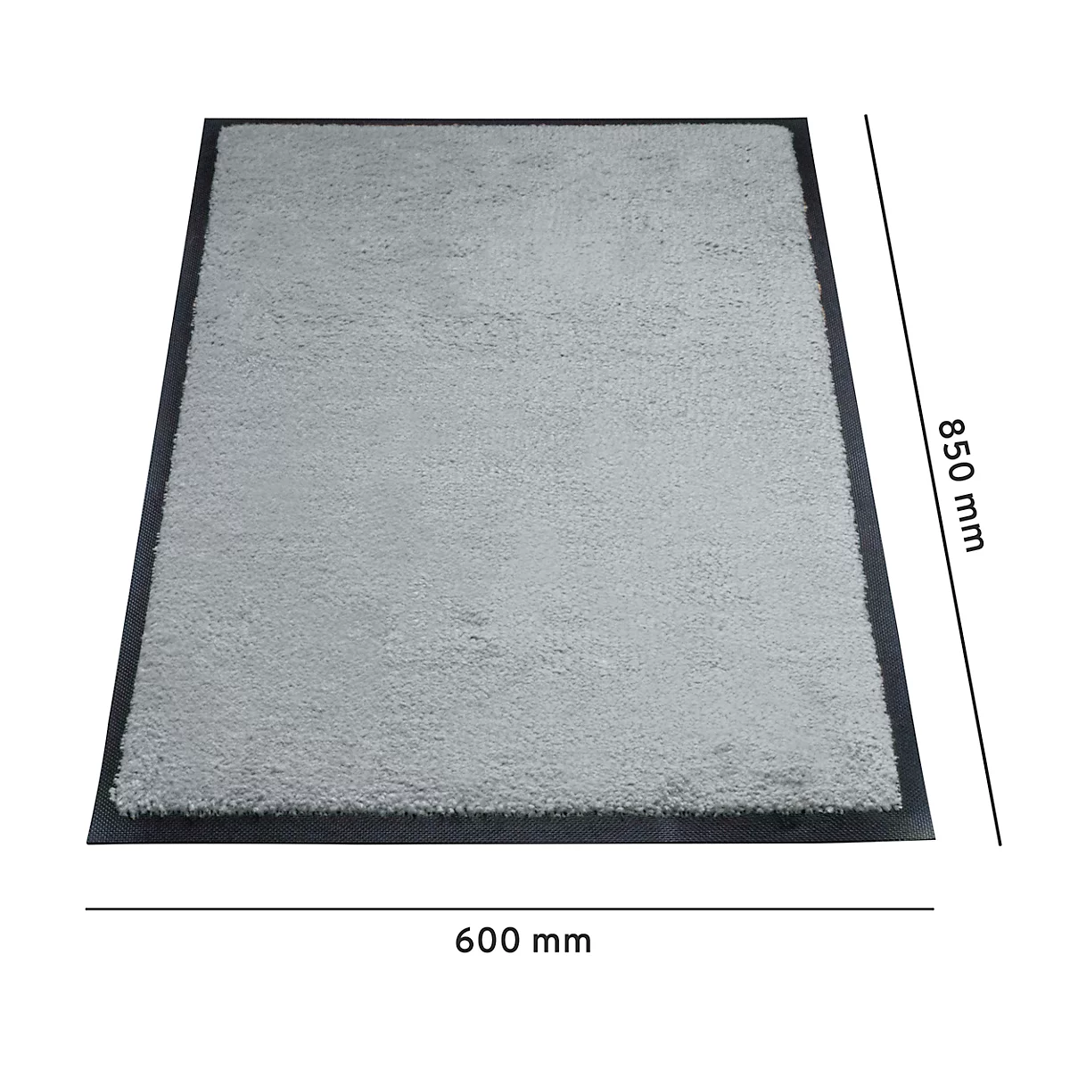 Tapis gris clair avec bordure noire. Dimensions : 600 x 850 mm.