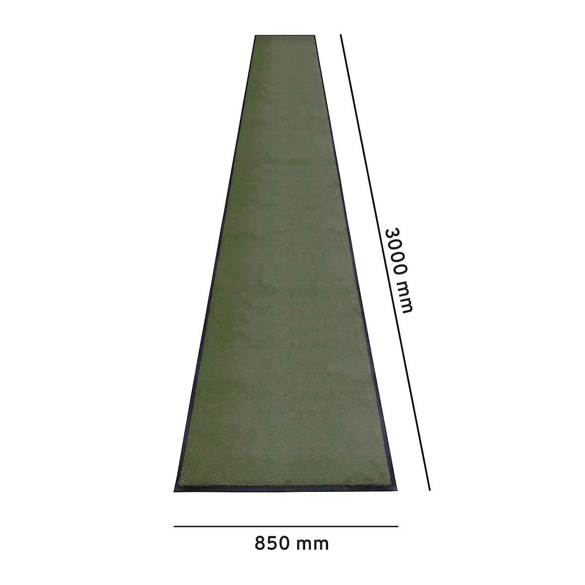 Un tapis vert avec des bords noirs, dimensions : 3000 mm x 850 mm.