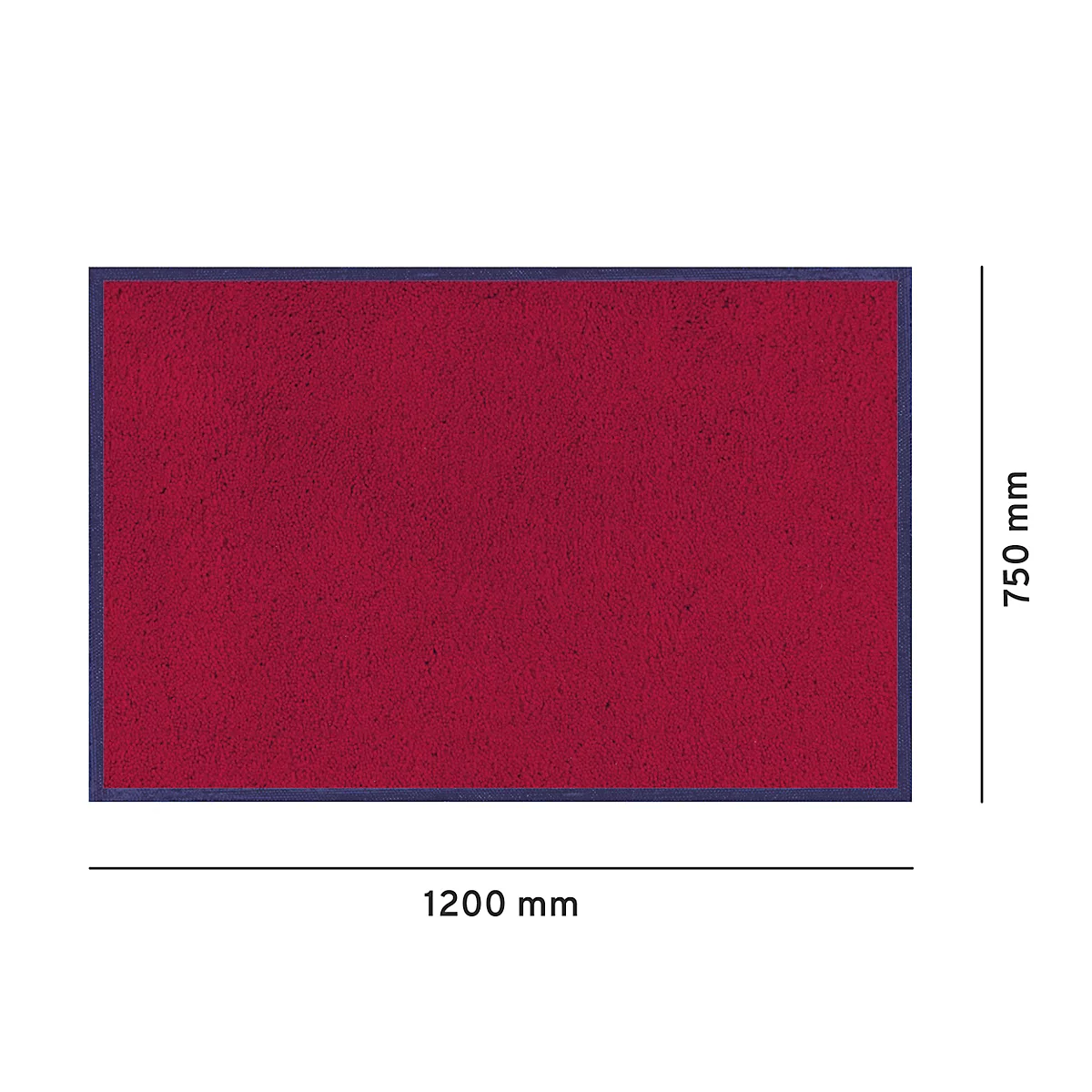 Paillasson rouge rectangulaire avec une bordure bleue. Dimensions : 1200 x 750 mm.
