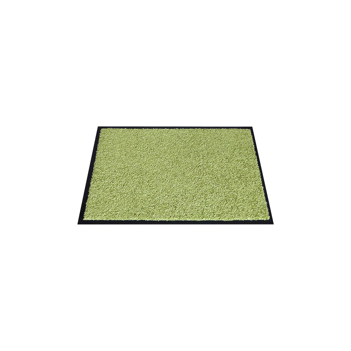 Un tapis vert avec une bordure noire. La surface est moelleuse.