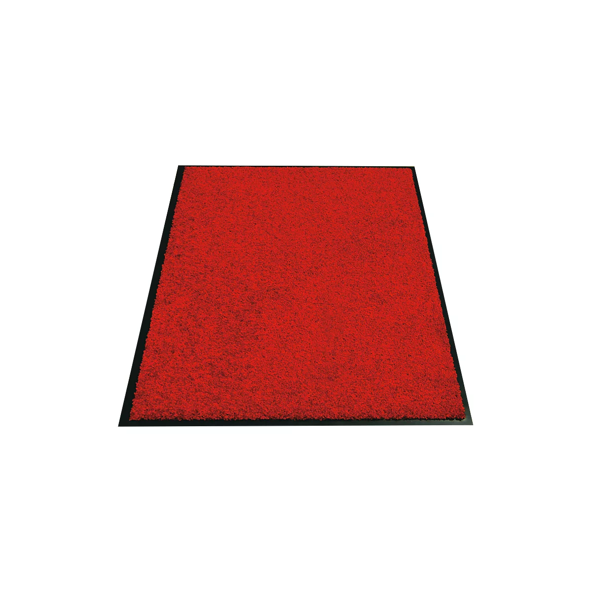 Paillasson rouge avec un cadre noir. La surface est recouverte de petites fibres.
