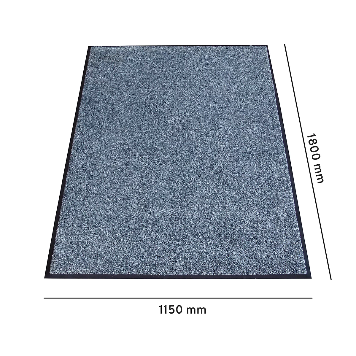 Tapis bleu avec bordure noire. Dimensions 1150 mm x 1800 mm. Présenté sur fond blanc.