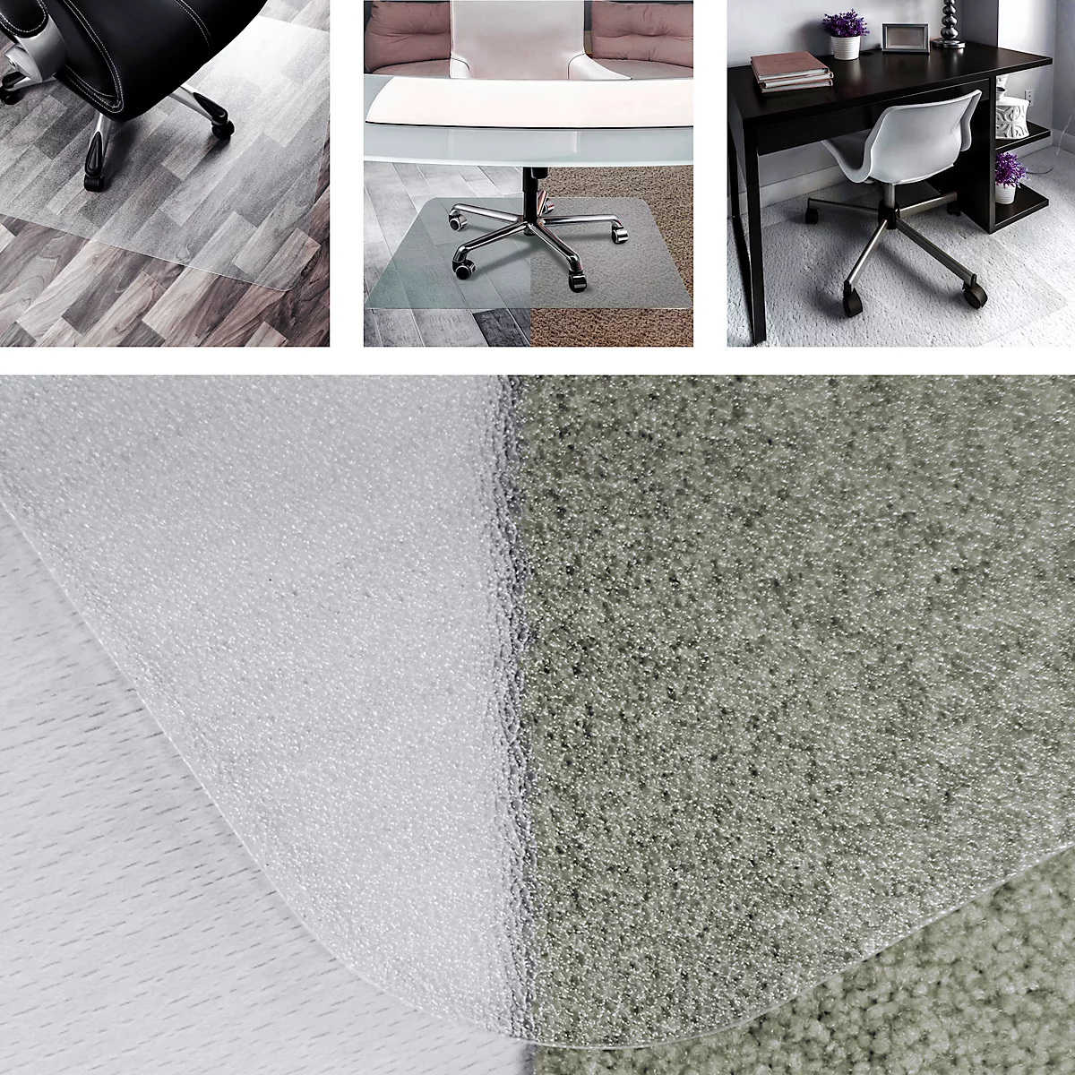Tapis de protection de sol transparent, sur stratifié et moquette. Tapis de protection utilisés sous les chaises de bureau.