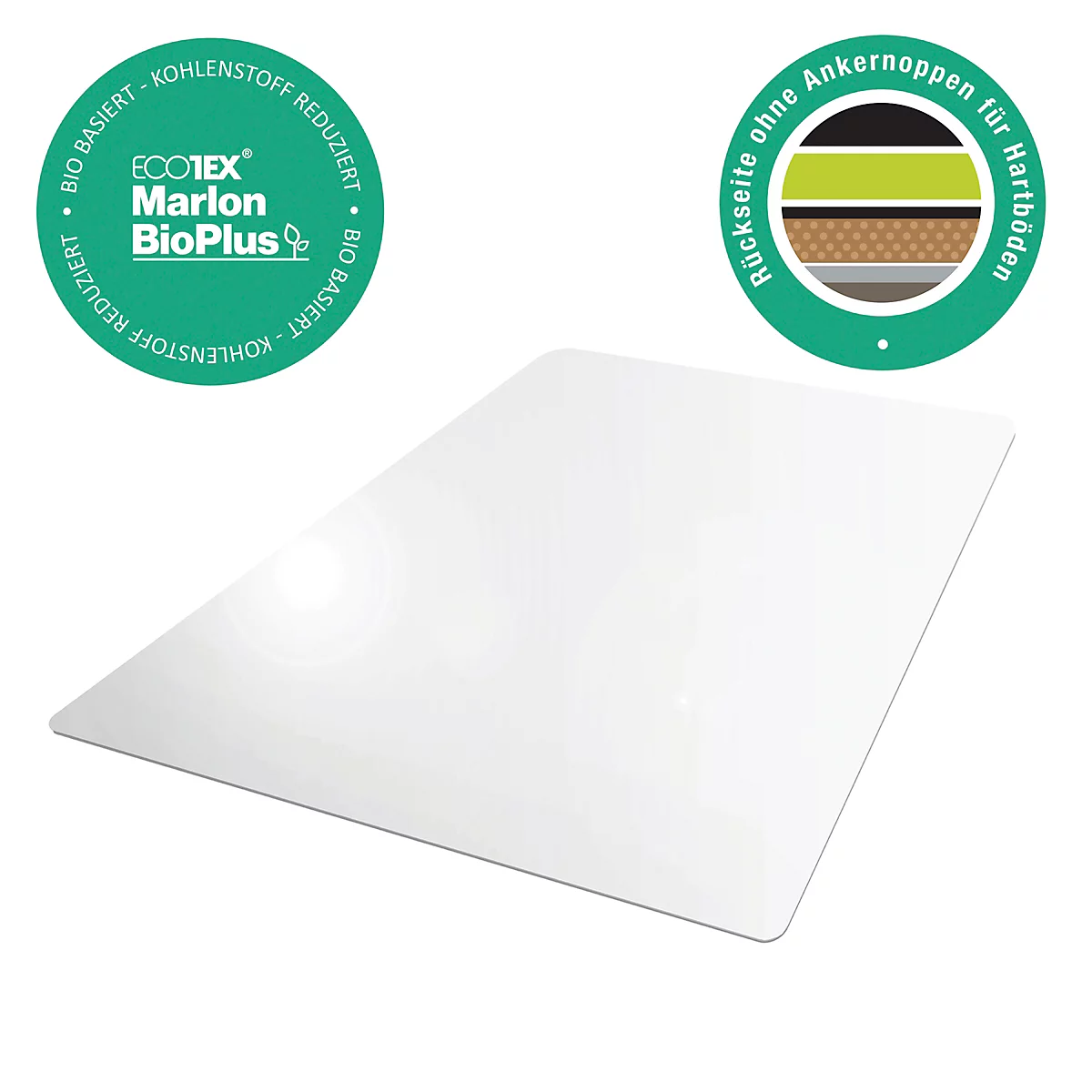 Tapis de bureau rectangulaire blanc avec deux cercles verts. L'un indique la base biologique et la réduction du carbone, l'autre indique une structure arrière.