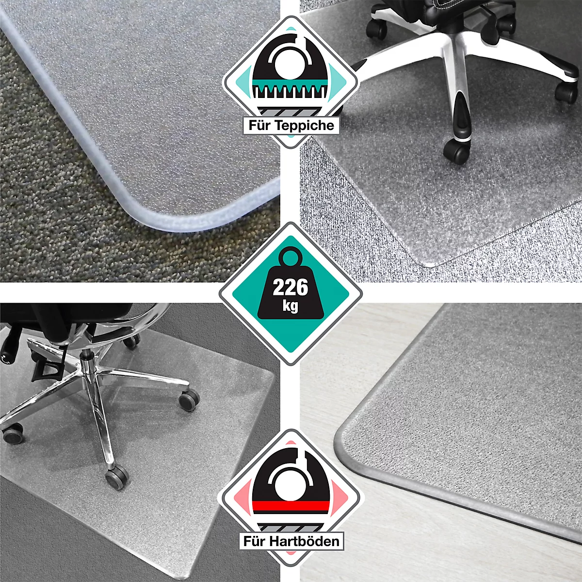 Image en plusieurs parties : tapis de chaise de bureau sur moquettes et sols durs. Capacité de charge de 226 kg.