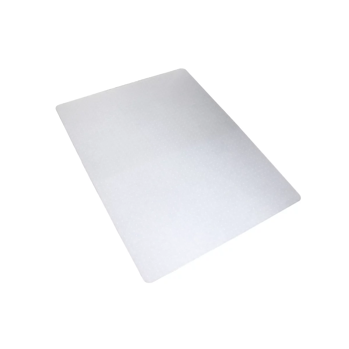 Tapis de bureau rectangulaire transparent. Légèrement texturé, coins arrondis, sur fond blanc.