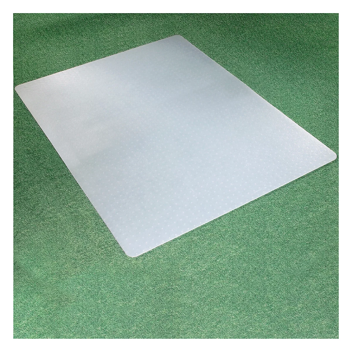 Tapis de protection de sol transparent rectangulaire avec un motif en nid d'abeilles posé sur une surface verte.
