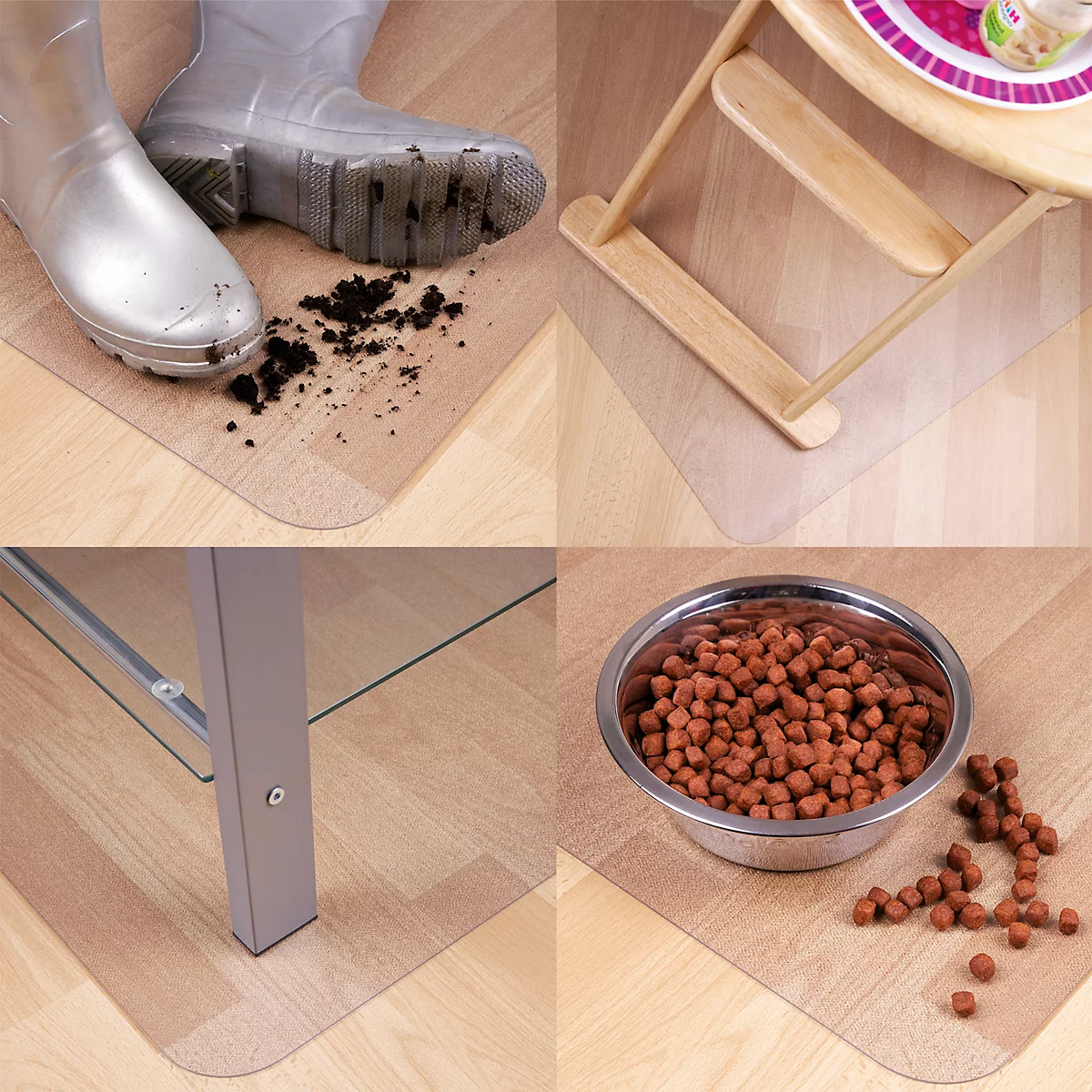 Quatre images montrent des tapis de protection transparents pour protéger des taches sur les planchers de bois. Bottes, nourriture pour animaux, pied de table et siège enfant.