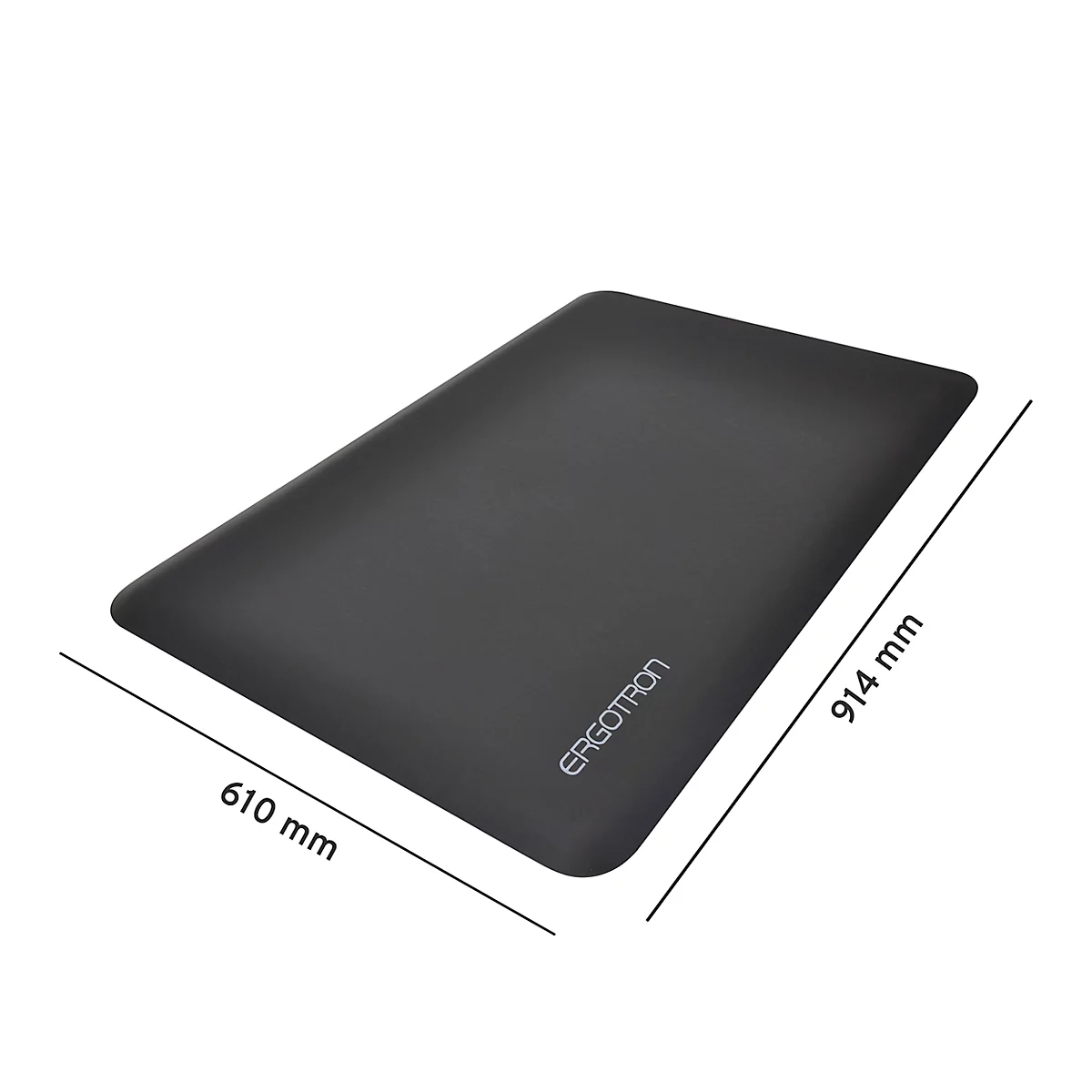Tapis noir rectangulaire avec des coins arrondis. Il y a écrit 'Ergotron' en blanc et les dimensions 610 mm x 914 mm.