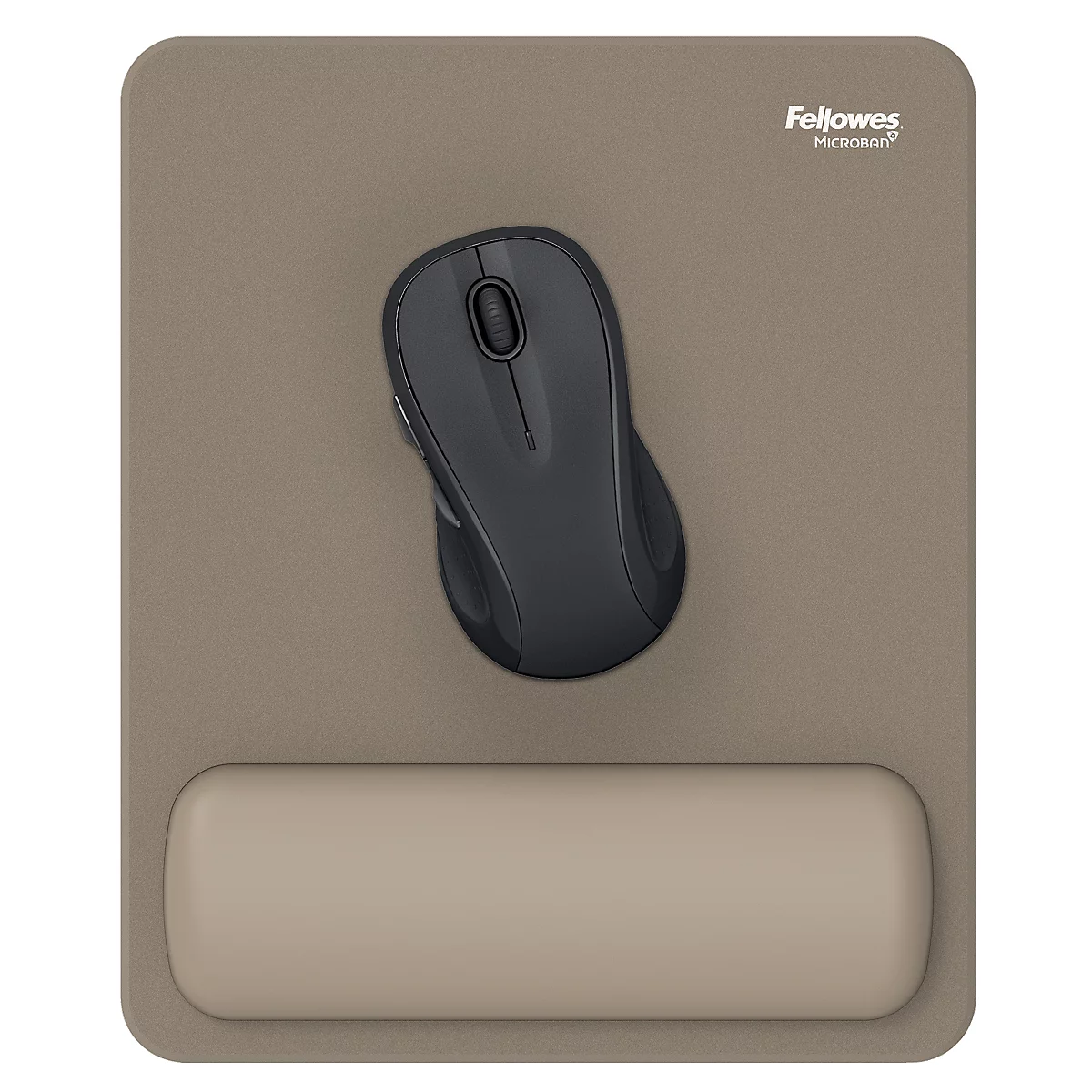 Femme travaillant à un bureau. Souris, clavier et repose-poignet sont visibles.