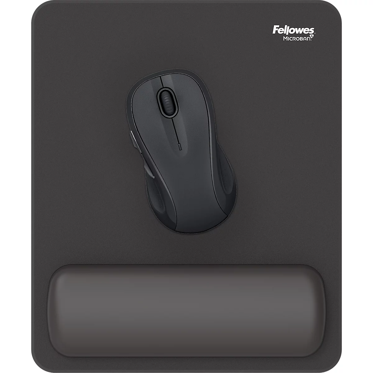 Tapis de souris noir avec repose-poignet et souris sans fil. Logo Fellowes en haut à droite.