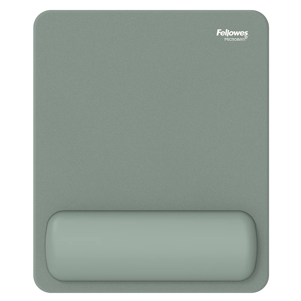 Gros plan d'une personne travaillant avec un clavier et une souris sans fil sur un bureau en bois clair. Le clavier et le tapis de souris ont un repose-poignet vert.