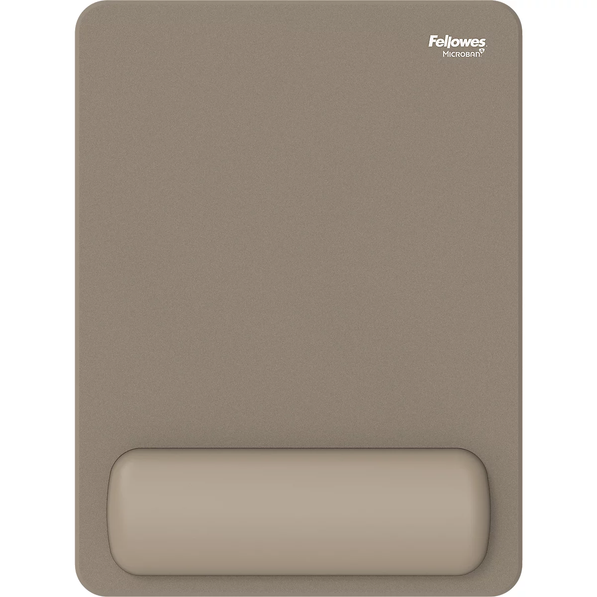 Tapis de souris avec repose-poignet et souris sans fil. Tons de brun et de gris.