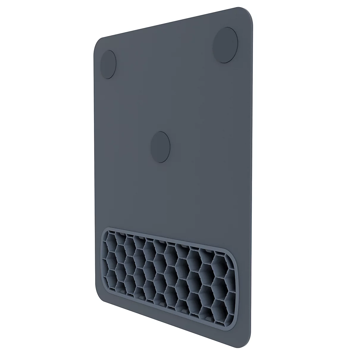 Tapis de souris gris foncé avec repose-poignet et souris noire. Le logo Fellowes est visible en haut à droite.