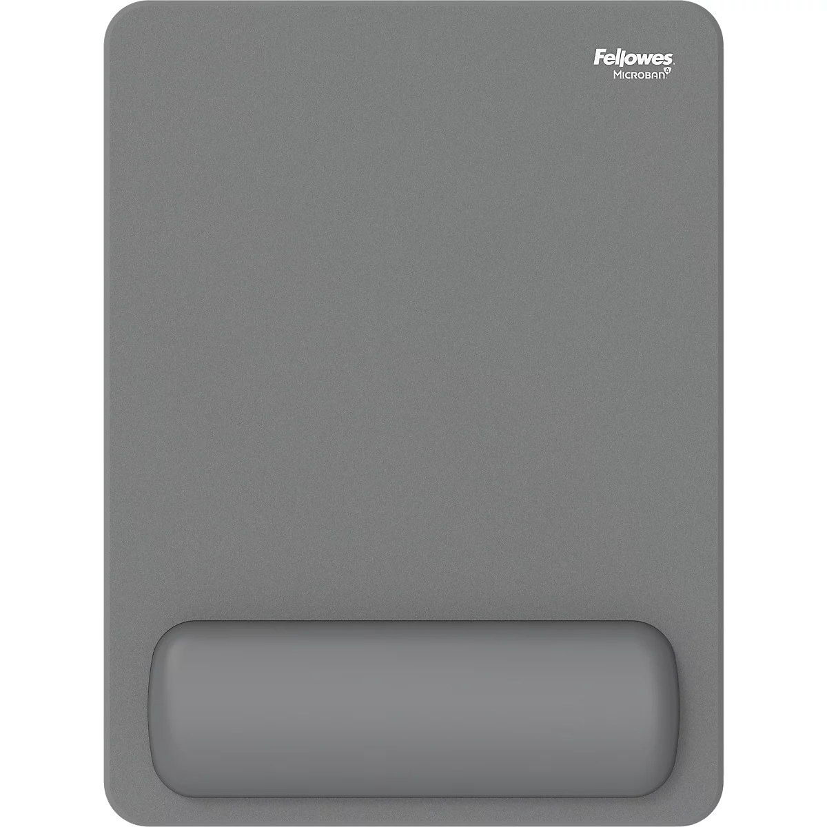 Tapis de souris ergonomique gris avec repose-poignet. "Fellowes" est écrit en blanc en haut à droite.