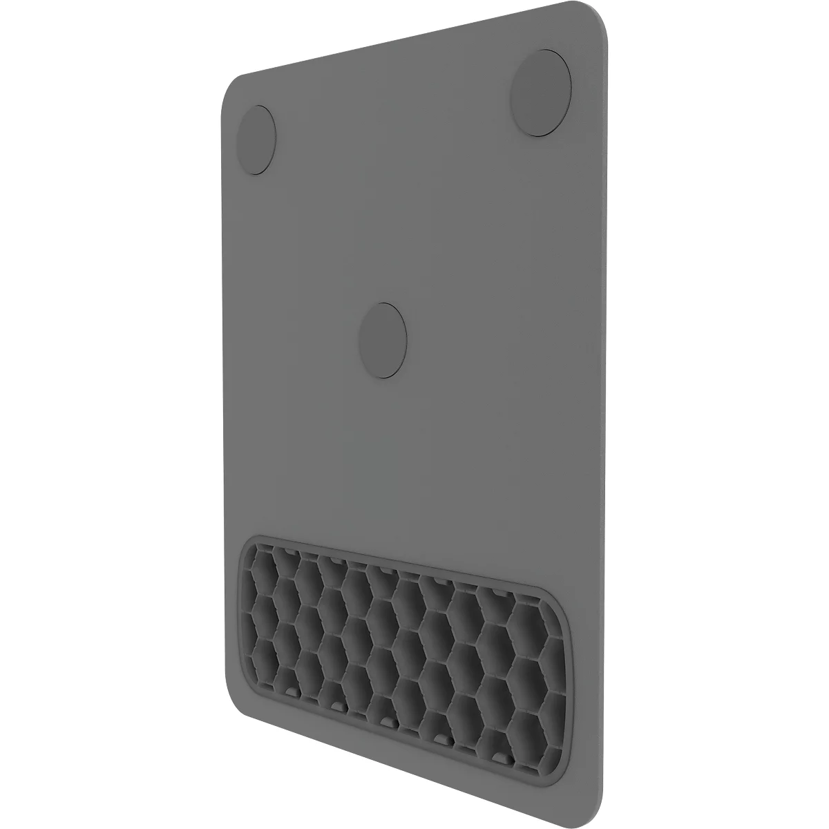 Base rectangulaire grise avec trois pieds et une grille d'aération en nid d'abeilles en bas.