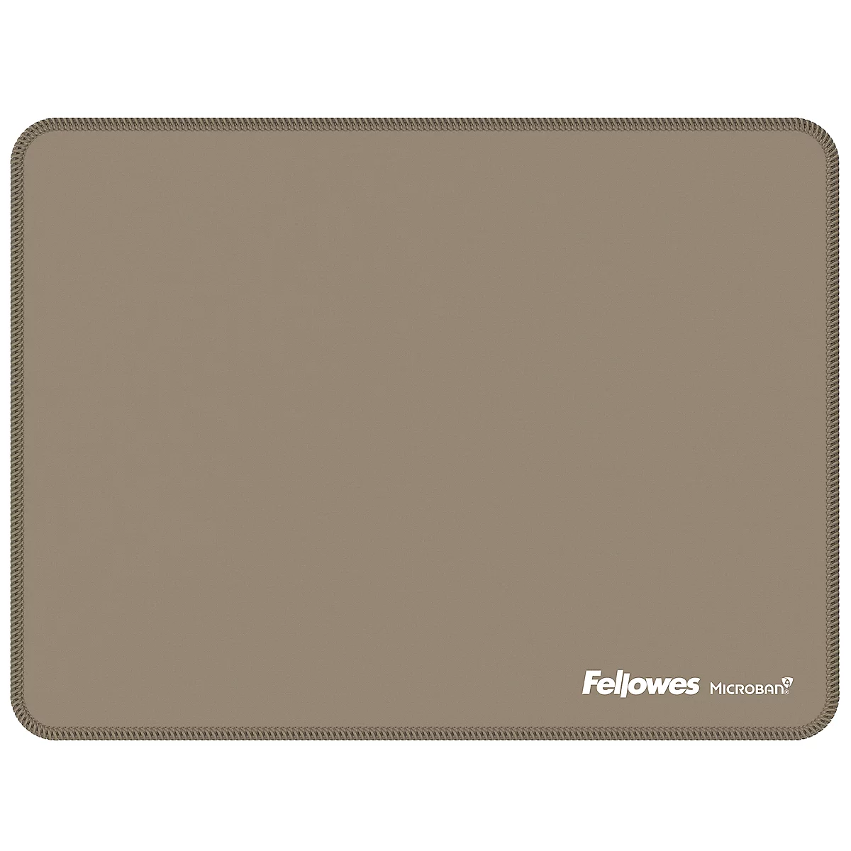Tapis de souris rectangulaire beige avec des coins arrondis. Le logo Fellowes Microban est en bas à droite.