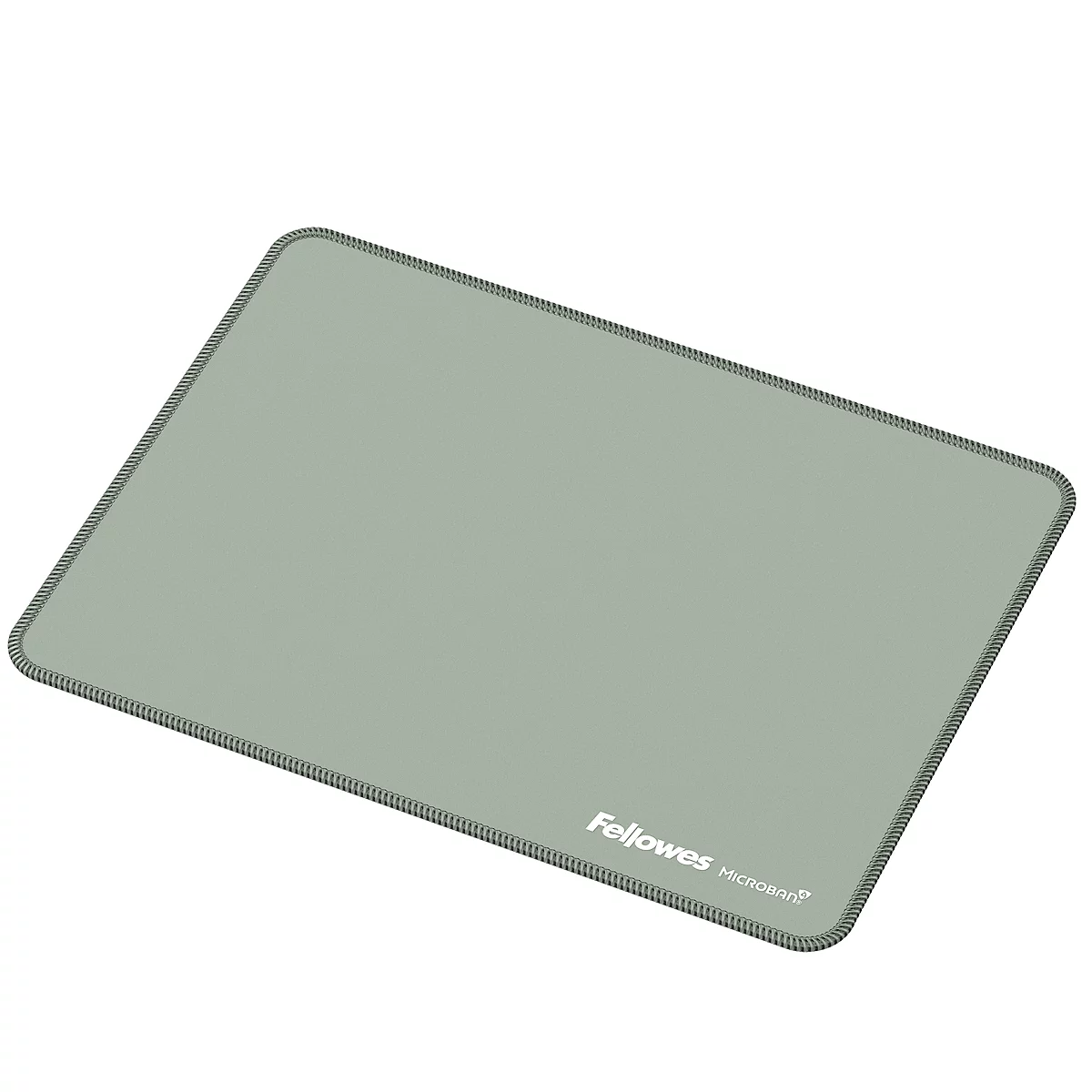 Tapis de souris rectangulaire gris avec bordure gris foncé. L'inscription blanche "Fellowes Microban" est en bas à droite.