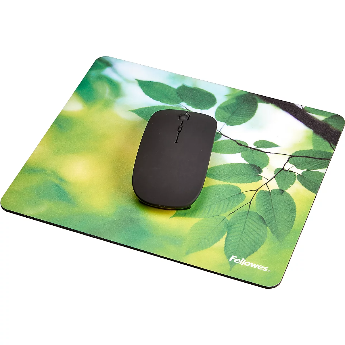 Tapis de souris noir aux coins arrondis. L'inscription Fellowes est placée en bas à droite.