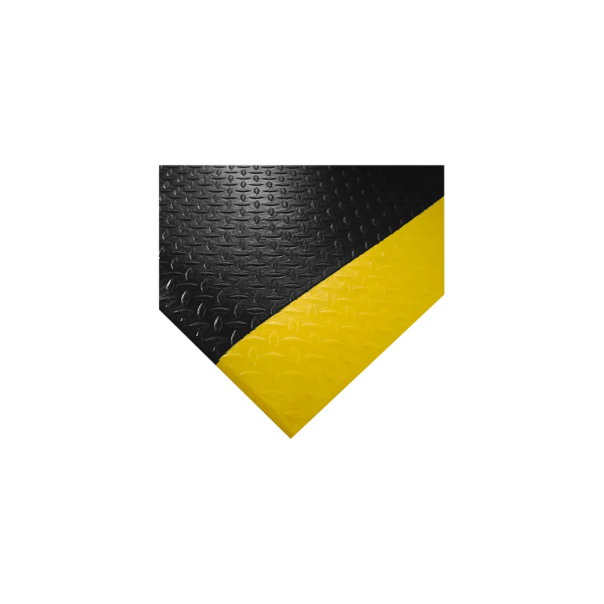 Tapis de sol noir avec bord jaune, motif en losanges. Zone diagonale jaune sur le bord inférieur droit de l'image.