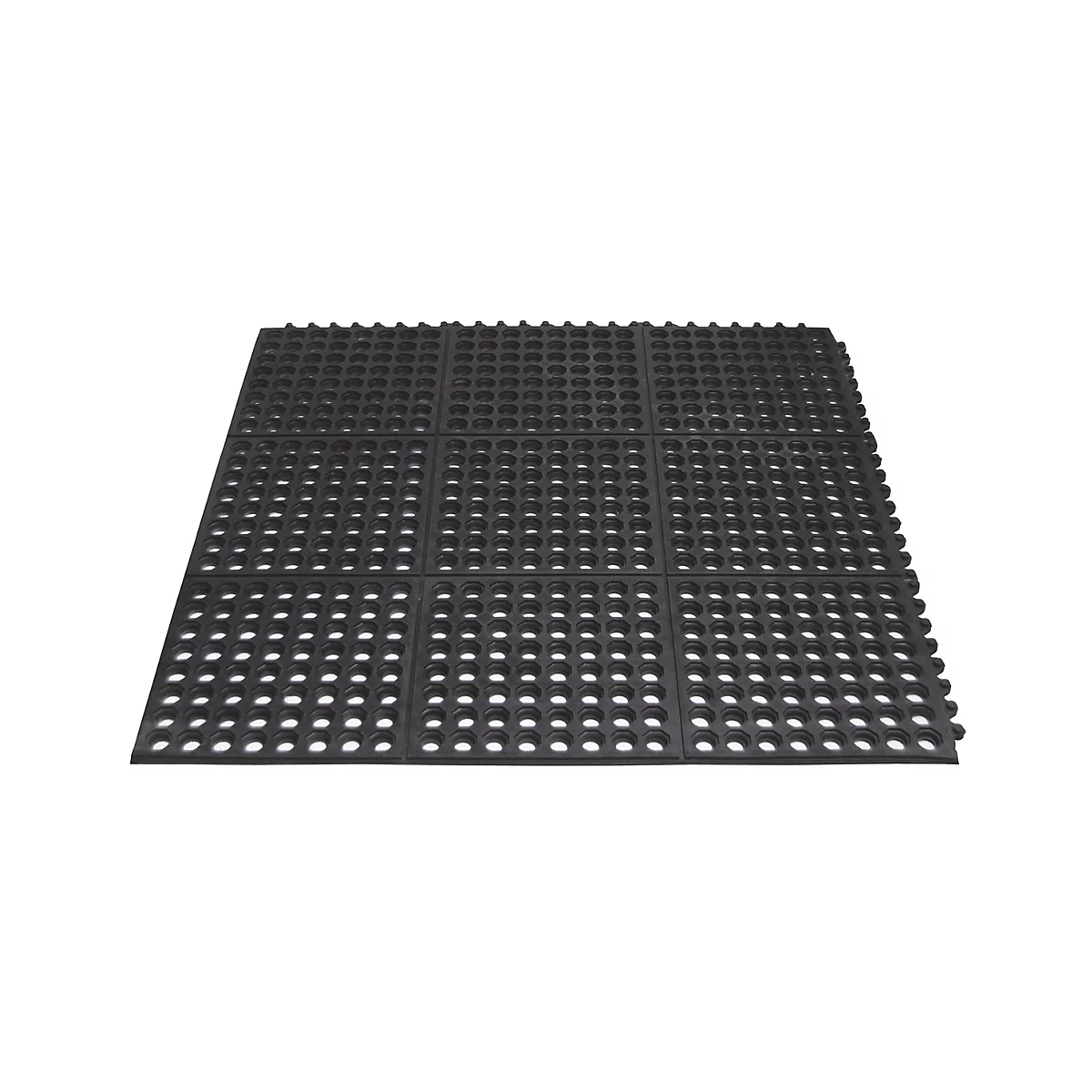 Tapis en caoutchouc noir carré avec motif de trous sur fond blanc.
