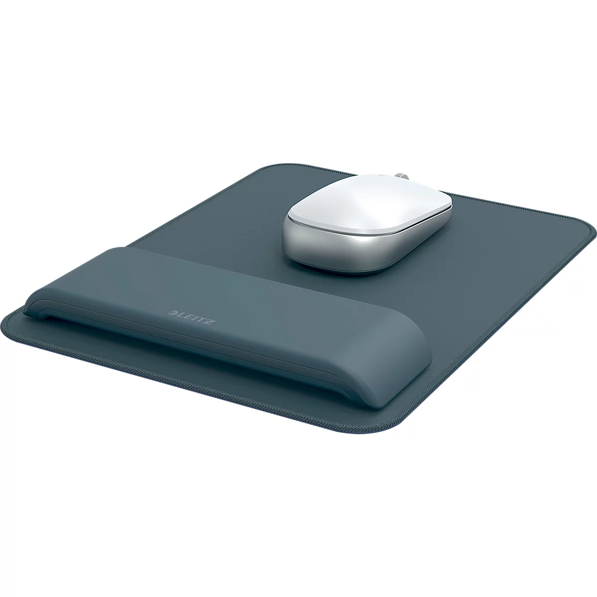 Tapis de souris bleu avec repose-poignet et souris blanche.