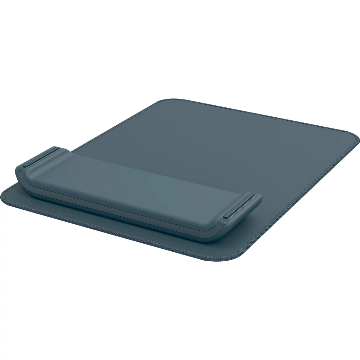 Tapis de souris bleu avec repose-poignet. Forme rectangulaire avec repose-poignet intégré et surélevé.