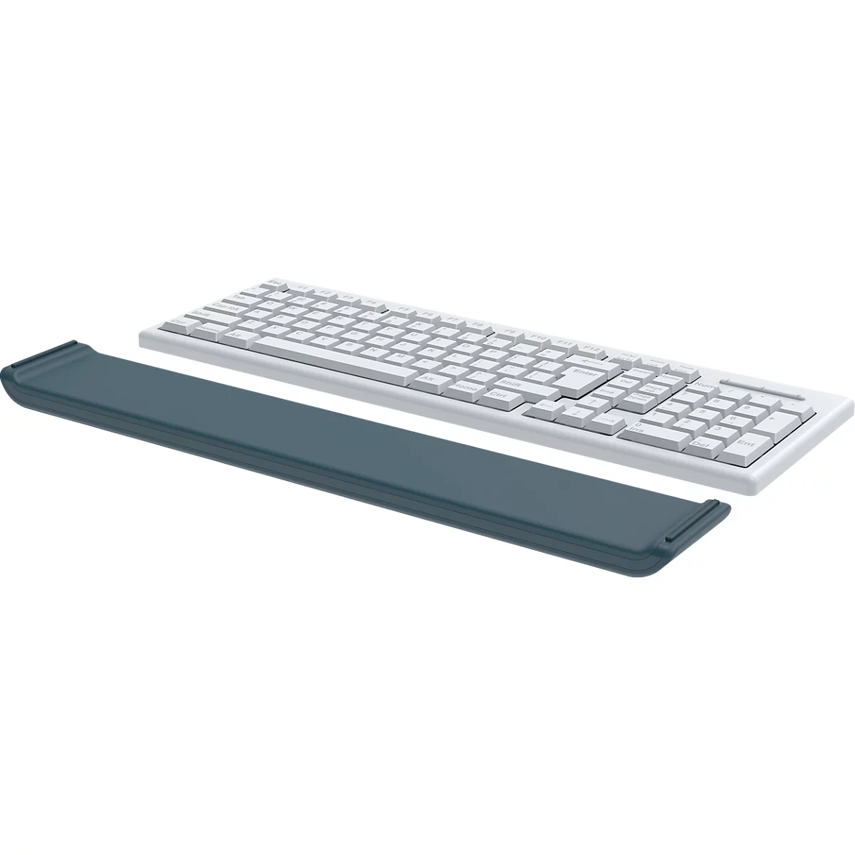 Clavier blanc avec repose-poignets bleu-gris séparé.