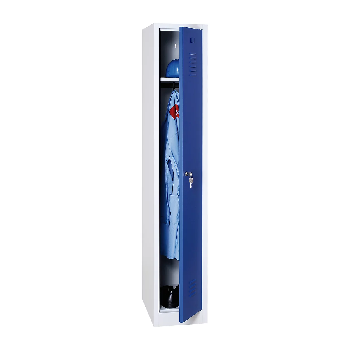 Taquilla, 1 compartimento, ancho 300 x alto 1800 mm, gris claro/azul genciana RAL 7035/5010, cerradura de cilindro, azul genciana