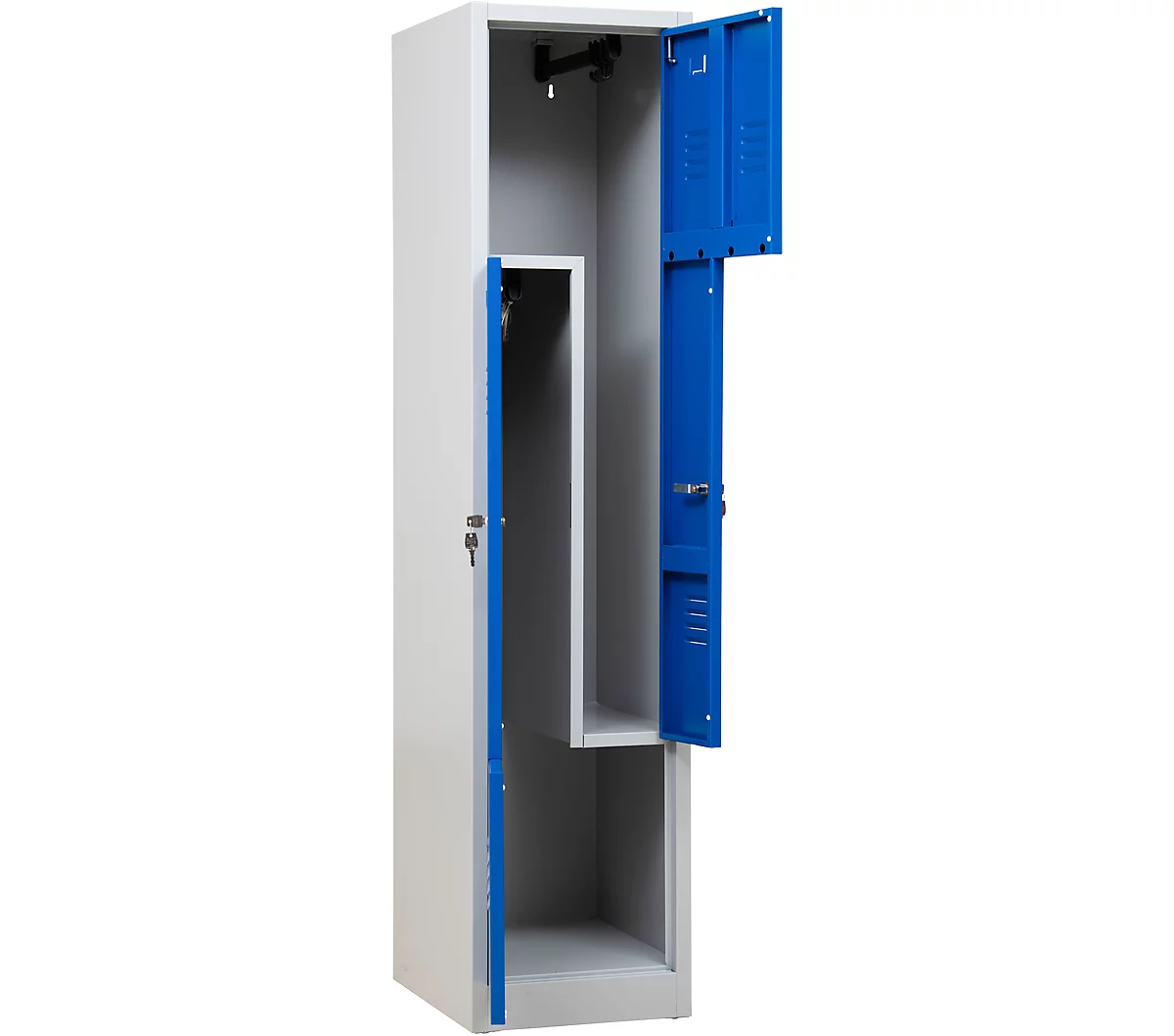 Taquilla, 2 compartimentos, con zócalo, 2 compartimentos, con puertas en Z, cerradura de cilindro, gris luminoso/azul genciana