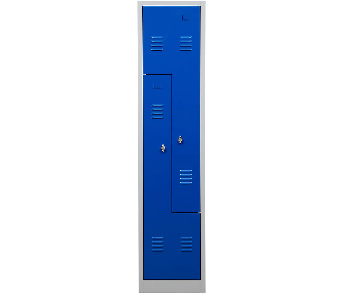 Taquilla, 2 compartimentos, con zócalo, 2 compartimentos, con puertas en Z, cierre de pasador giratorio, gris luminoso/azul genciana