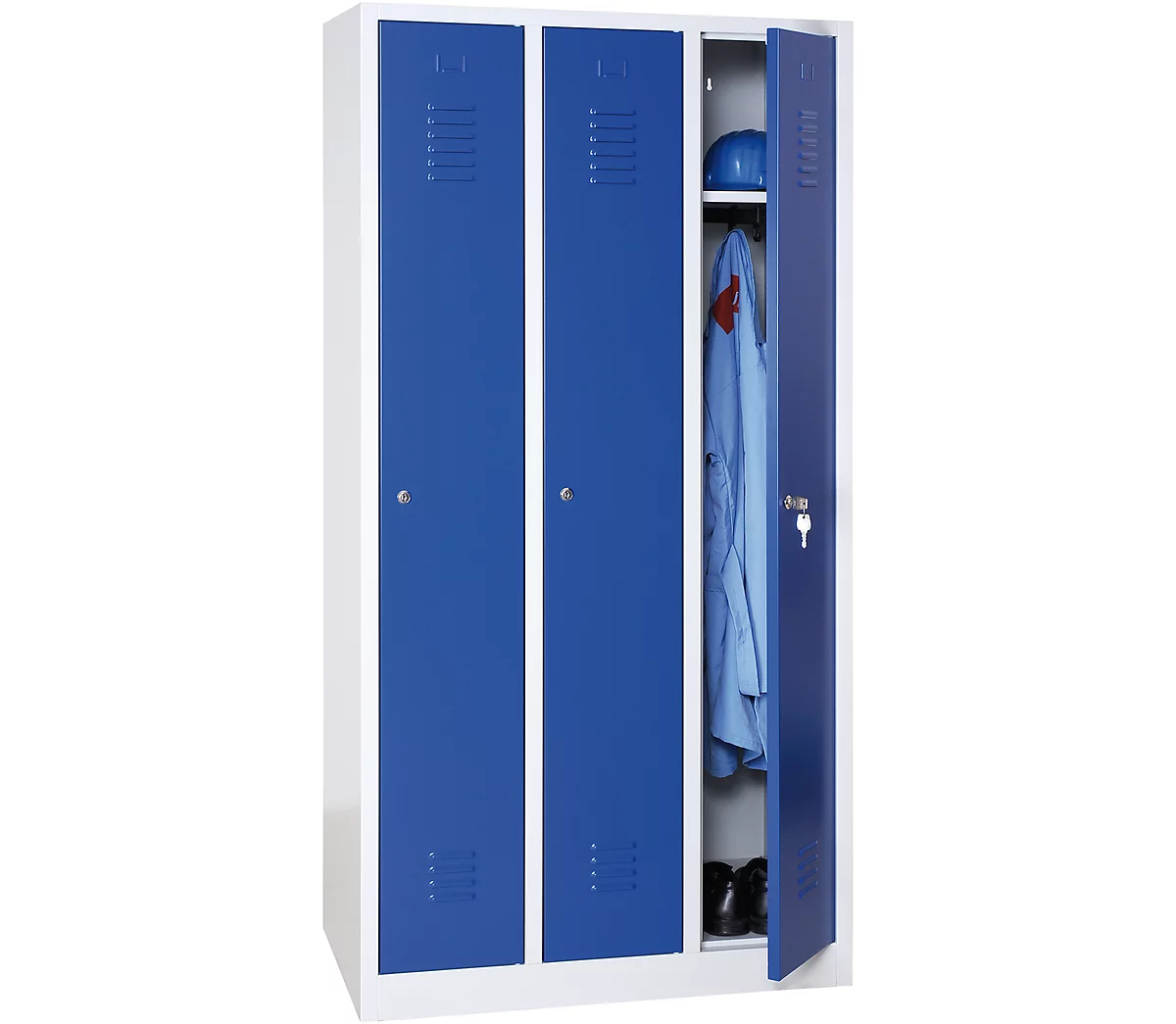 Taquilla, 3 puertas, An 900 x Al 1800 mm, cerradura de cilindro, gris luminoso/azul