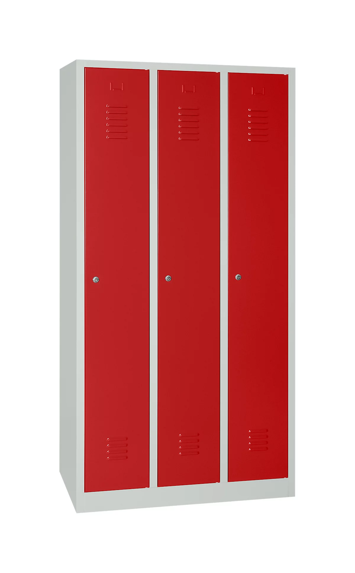 Taquilla, 3 puertas, candado, An 1118 x Al 1800 mm, gris luminoso/rojo