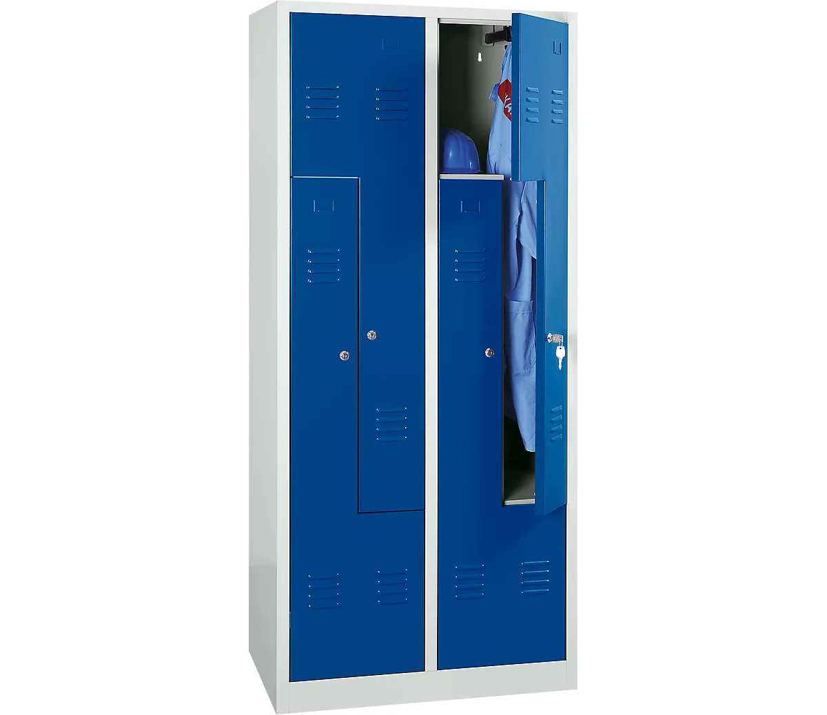 Taquilla, 4 compartimentos, con zócalo, An 800 x Al 1800 mm, cerradura de cilindro, gris luminoso/azul genciana