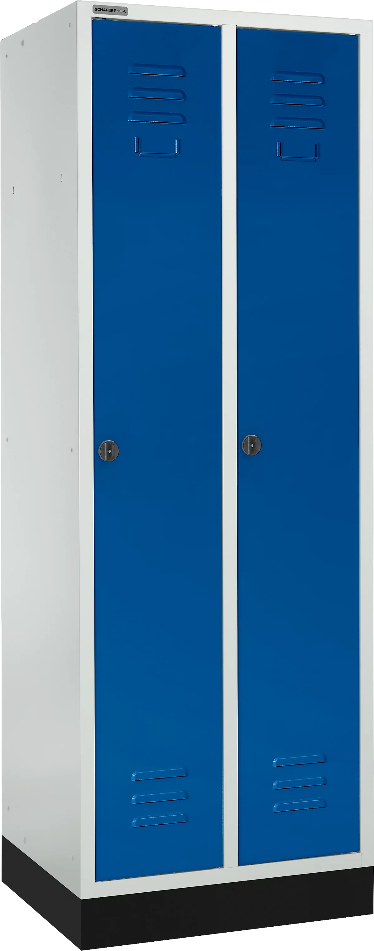 Taquilla con 2 compartimentos, 300 mm, cierre de pasador giratorio, con zócalo, puerta azul genciana