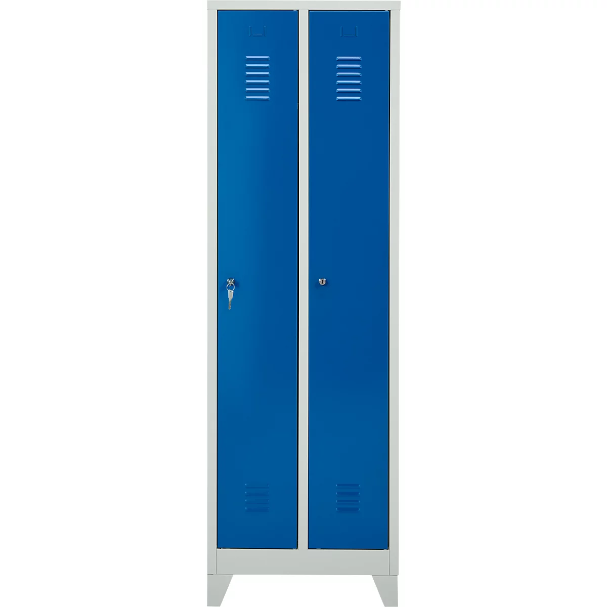 Un armario azul con dos puertas, tiradores plateados y ranuras de ventilación. La puerta de la derecha está cerrada, la de la izquierda está abierta.