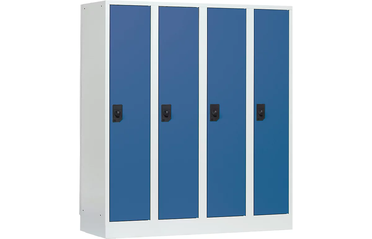 Taquilla escolar, anchura del compartimento 300 mm, cerradura de cilindro de seguridad, 4 compartimentos, gris luminoso/azul brillante