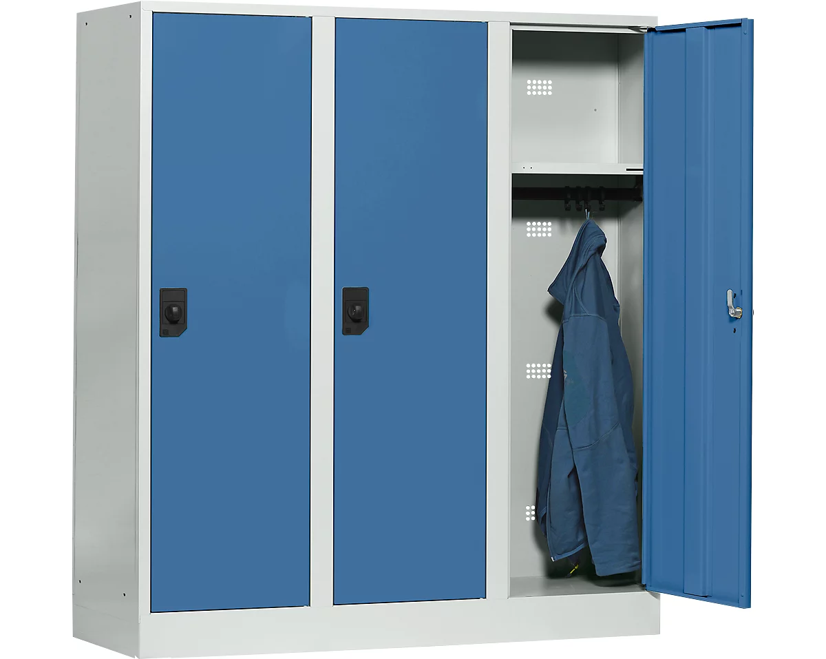 Taquilla escolar, anchura del compartimento 400 mm, 3 compartimentos, gris luminoso/azul brillante