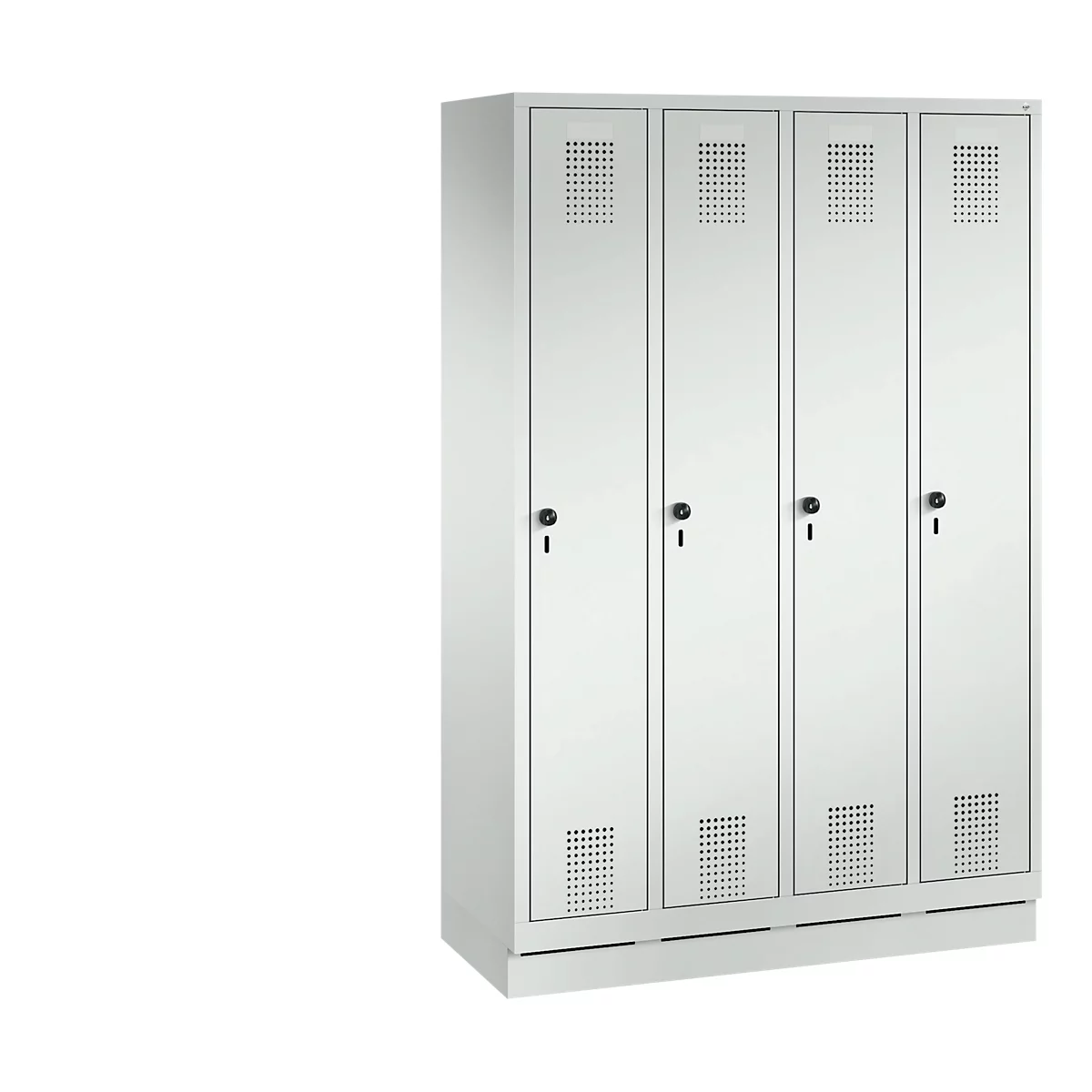 Un armario blanco con cuatro puertas, cada una con una cerradura y una rejilla de ventilación.
