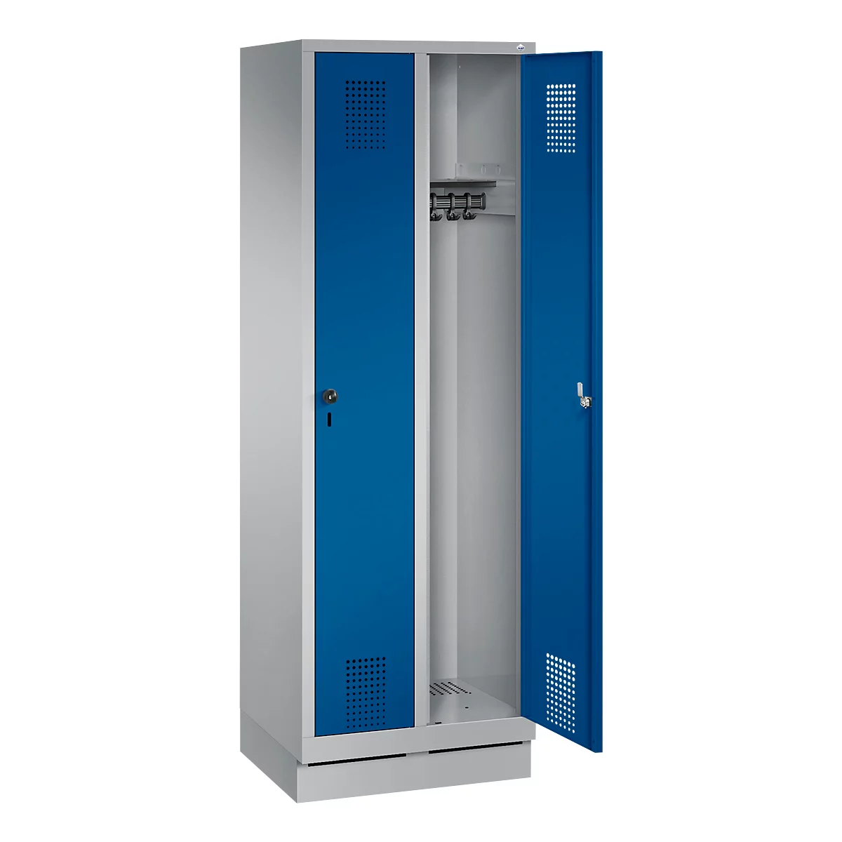 Taquilla Evolo S 3000, con zócalo, 2 compartimentos, cierre de pasador giratorio de seguridad, aluminio blanco RAL 9006/azul genciana RAL 5010