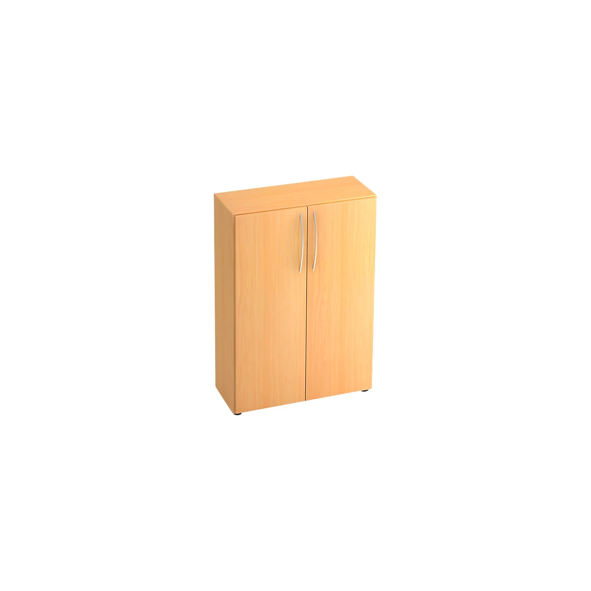 A rectangular cabinet made of light wood with two doors, fitted with curved metal handles.