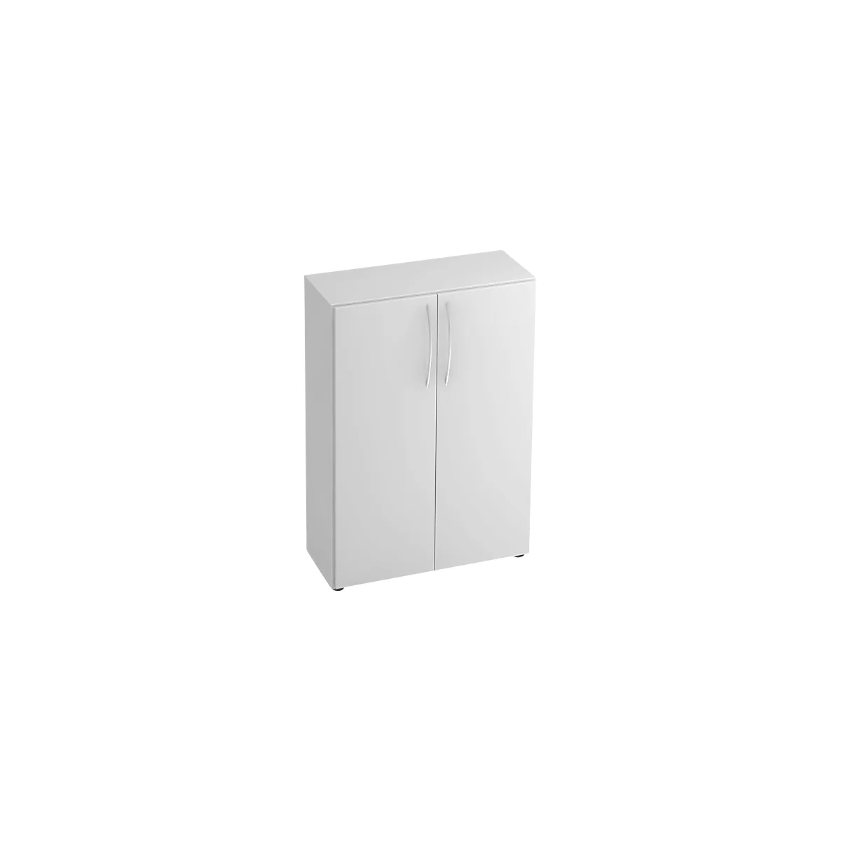 White cabinet with two doors and silver handles. It stands against a neutral background.