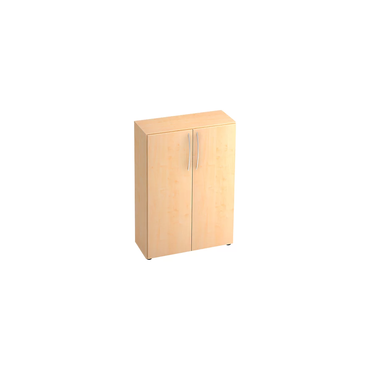 Light brown cabinet with two doors and silver handles. Minimalist design.
