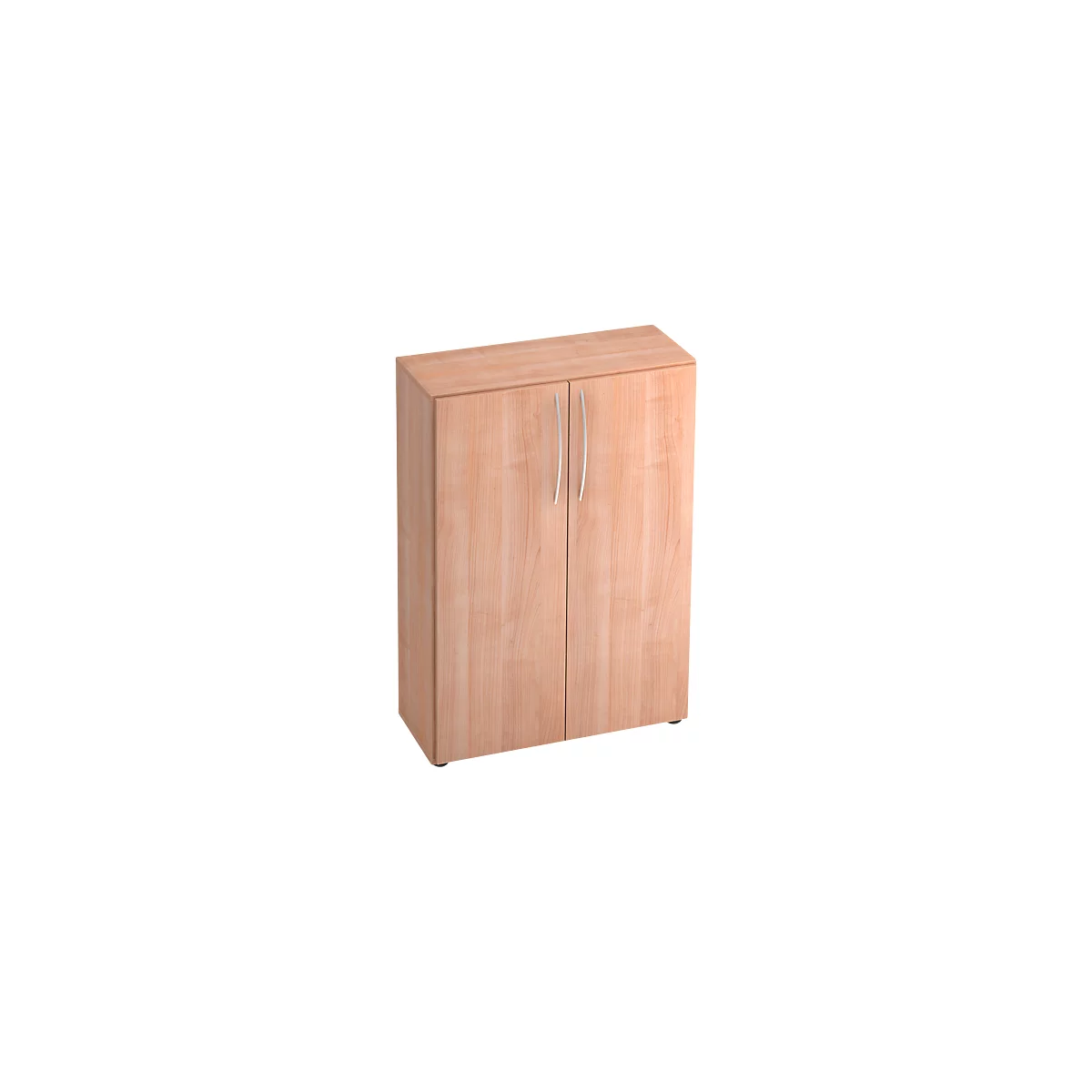 Light wood cabinet with two doors and curved handles.