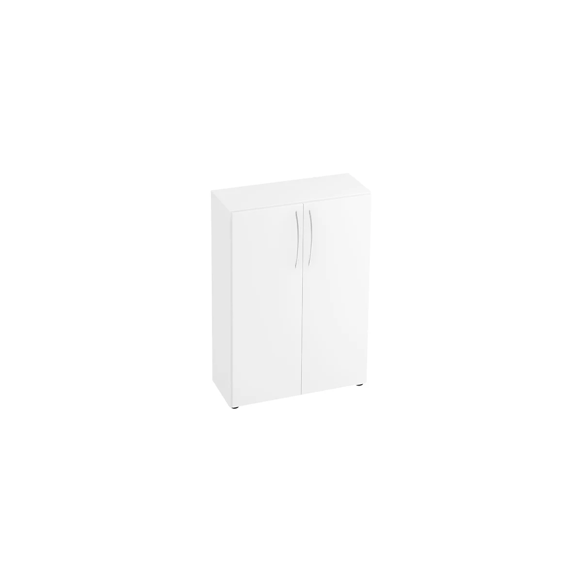 White cabinet with two doors and silver handles.